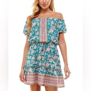 City Studios Drawstring Waist off the shoulder Boho Dress pink Green Size M
